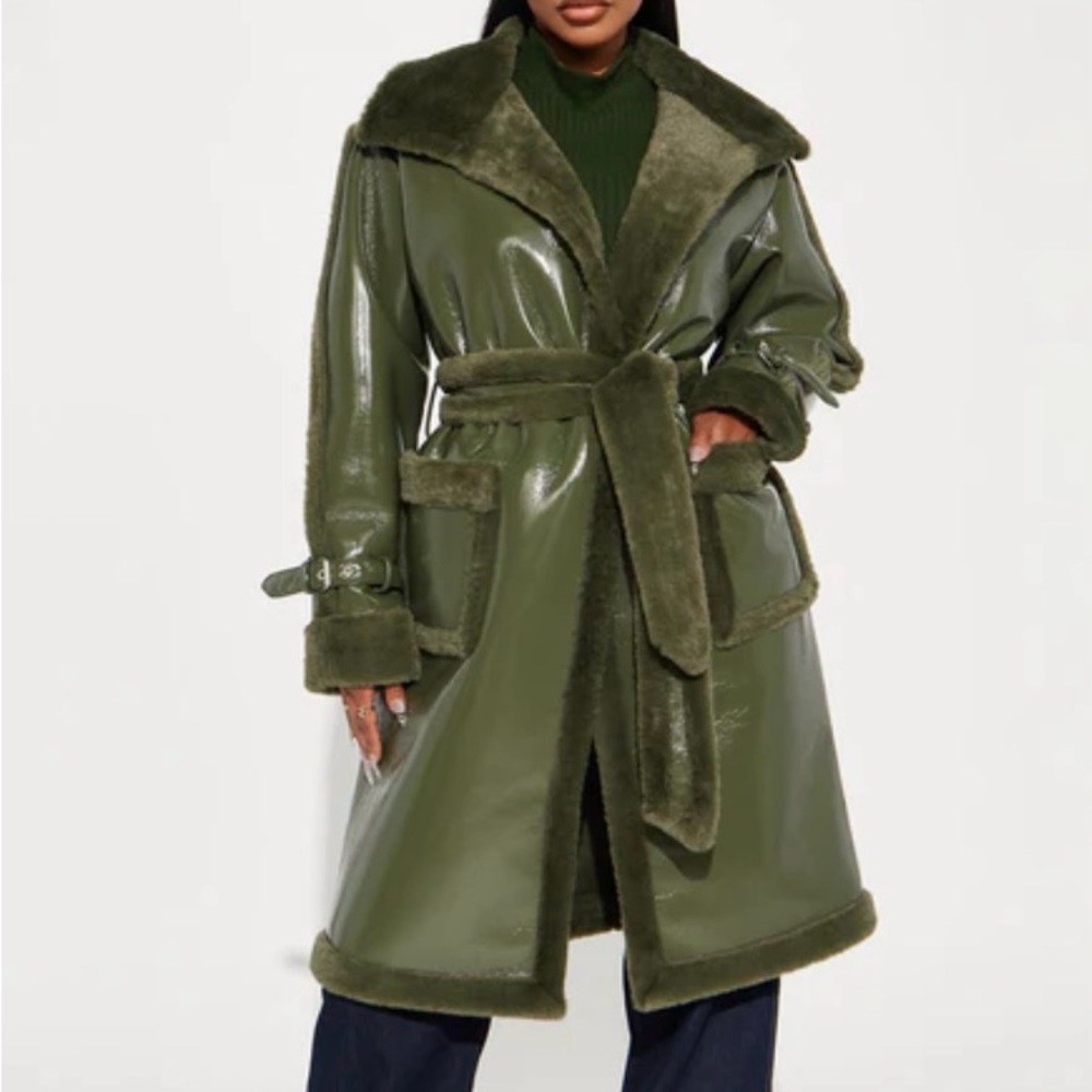Olive Faux Shearling Trench Coat by Fashion Nova - Picture 3 of 4
